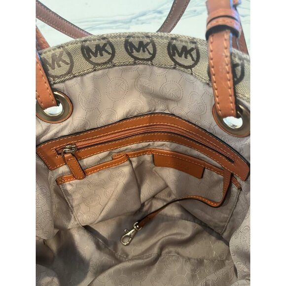 Michael Kors Brown MK Monogram Canvas Shoulder Tote Bag Purse - Picture 6 of 11